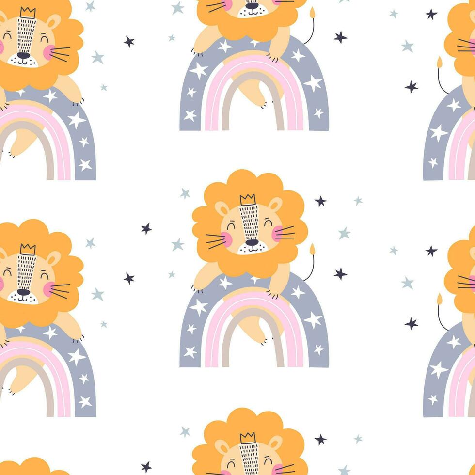 Seamless pattern  with cute lion on rainbow. Vector illustration.