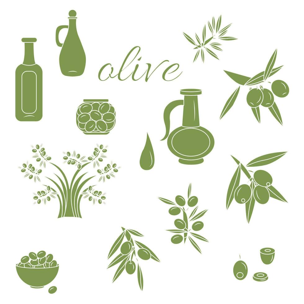 Olive oil, olive branch. Icon set. Vector illustration isolated on white background.