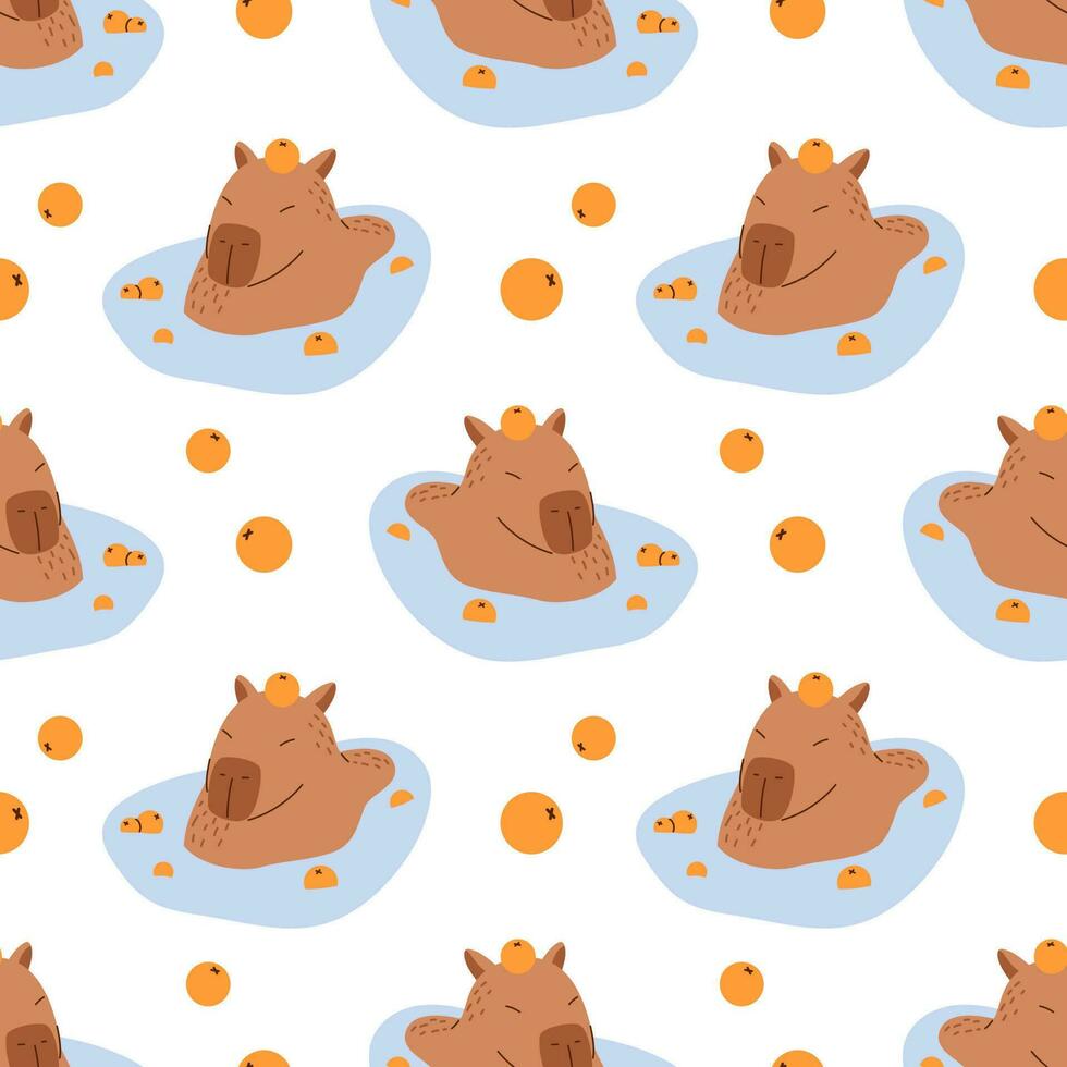 Vector seamless pattern with funny capybaras. Adorable background with amusing capibaras with mandarins. Cute capybaras swimming in water and relaxing with mandarin oranges. Capybara bathing pattern.