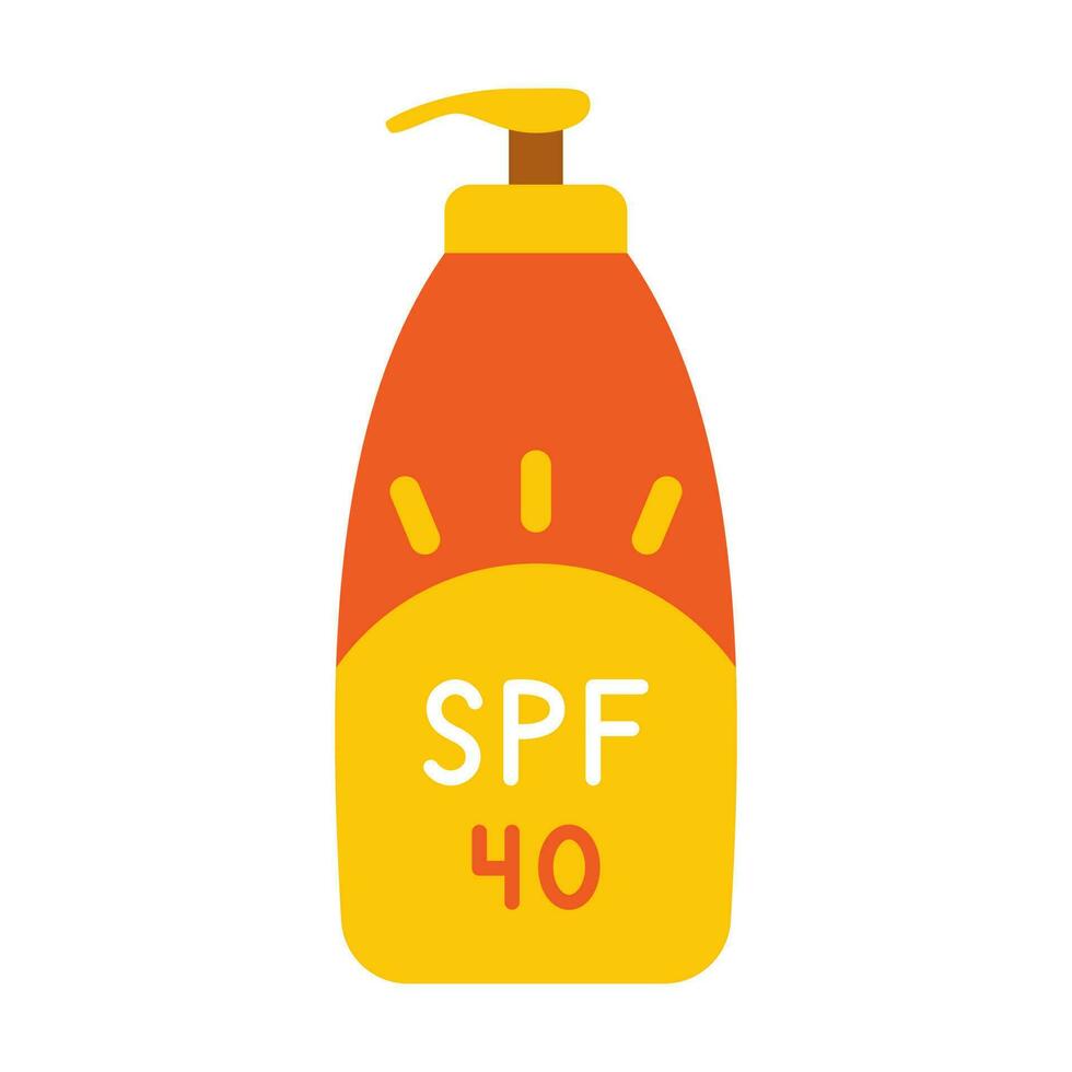 Vector sunscreen cream with dispenser pump. Skin protection from sun. Lotion bottle with sun design. Product with sunblock in flat design. Summer cosmetic with 40 SPF. Sunscreen skin care product.