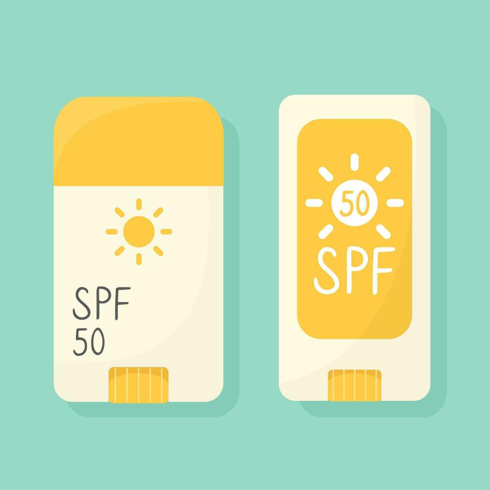 Set of sunscreen sticks, sun protection product in a stick, SPF cream in flat style. Vector illustration