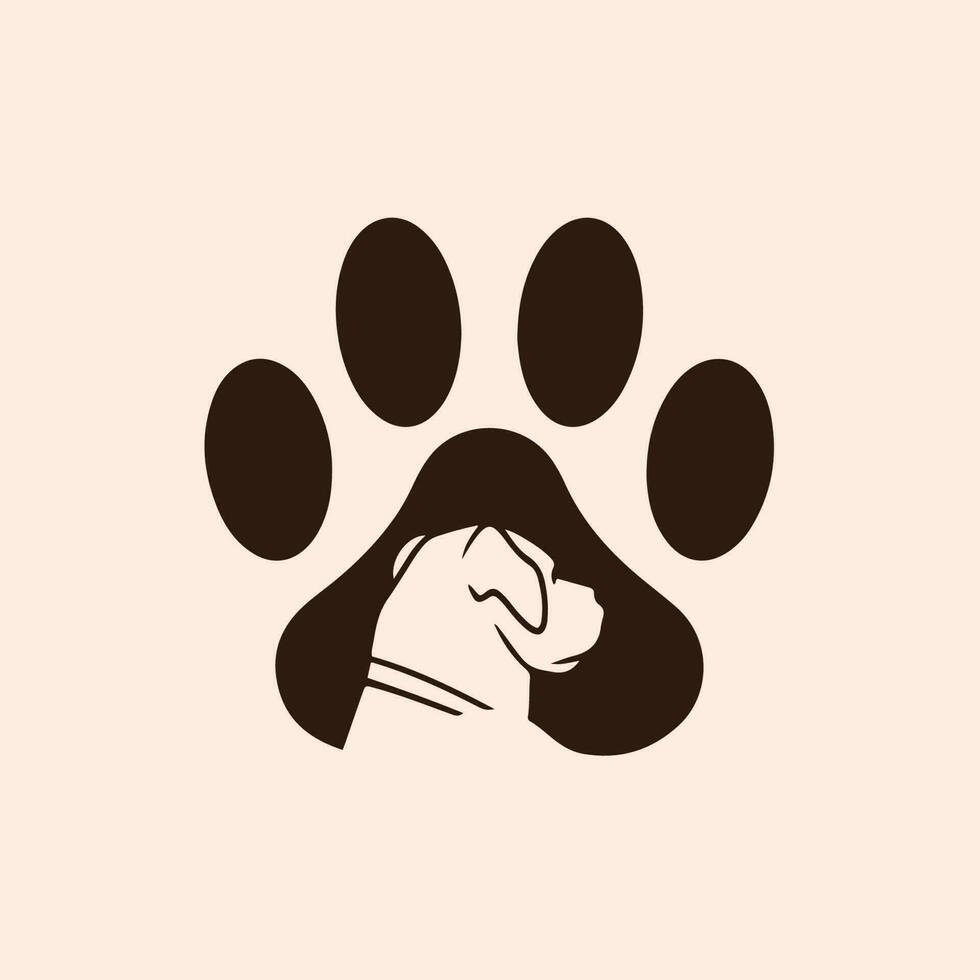 Pet Shop Logo Design with Puppy in the Middle of Dog Paws. Animal Stencil Flat Vector Illustration.