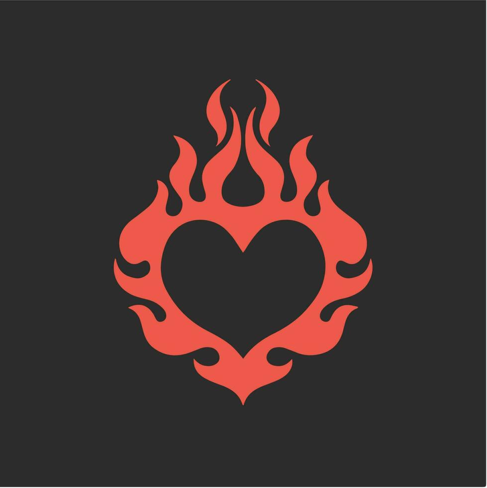 Red Flaming Love Symbol Logo on Black Background. Tribal Decal Stencil Tattoo Design. Flat Vector Illustration.