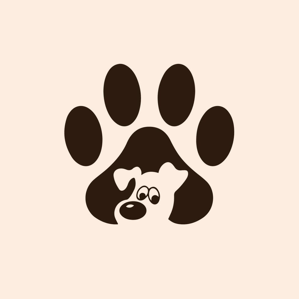 Pet Shop Logo Design with Puppy in the Middle of Dog Paws. Animal Stencil Flat Vector Illustration.