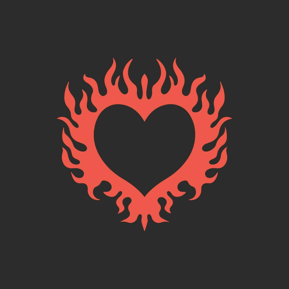 Red Flaming Love Symbol Logo on Black Background. Tribal Decal Stencil Tattoo Design. Flat Vector Illustration.