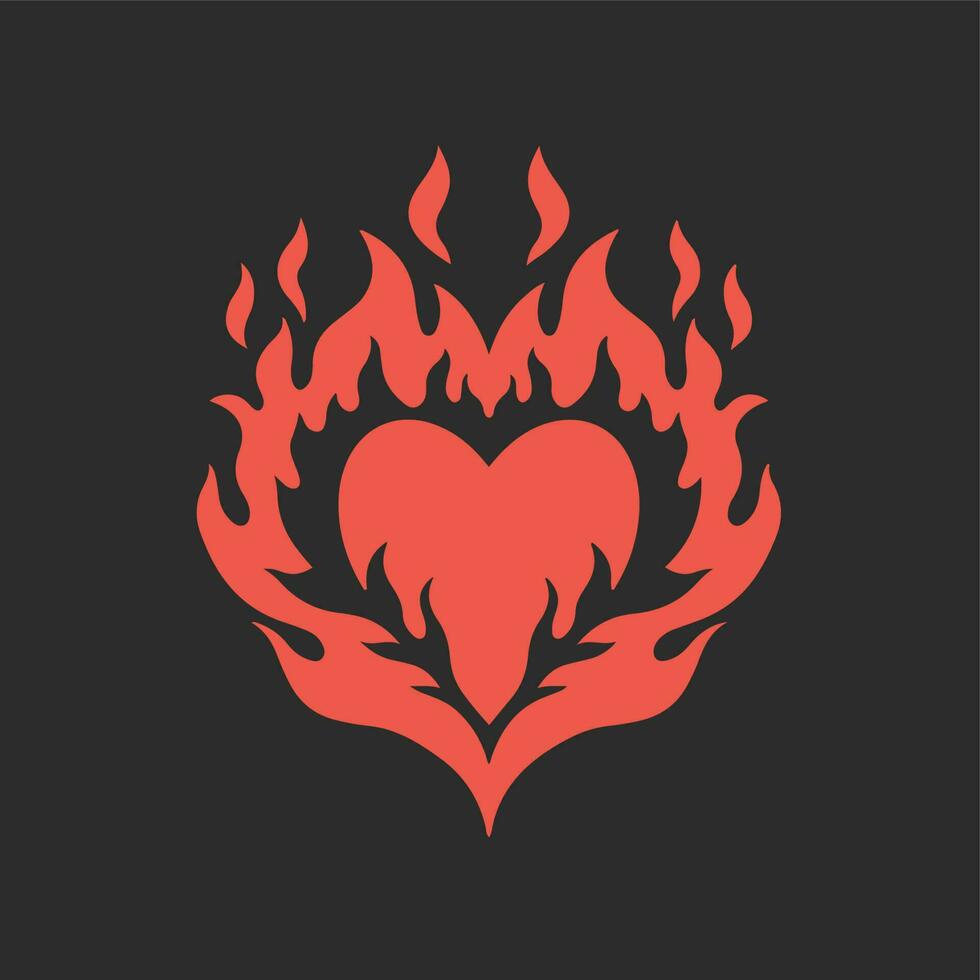 Red Flaming Love Symbol Logo on Black Background. Tribal Decal Stencil Tattoo Design. Flat Vector Illustration.