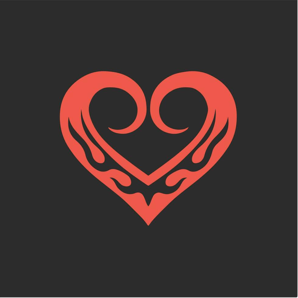 Red Flaming Love Symbol Logo on Black Background. Tribal Decal Stencil Tattoo Design. Flat Vector Illustration.