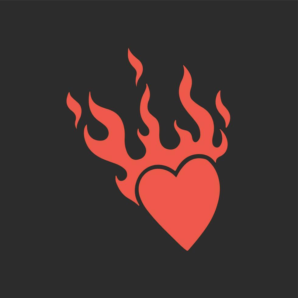 Red Flaming Love Symbol Logo on Black Background. Tribal Decal Stencil Tattoo Design. Flat Vector Illustration.