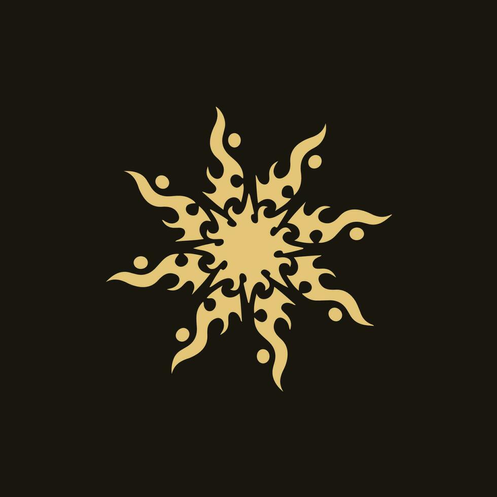 oro mandala tribal llameante Dom símbolo logo en negro antecedentes. plantilla etiqueta tatuaje diseño. plano vector ilustración.