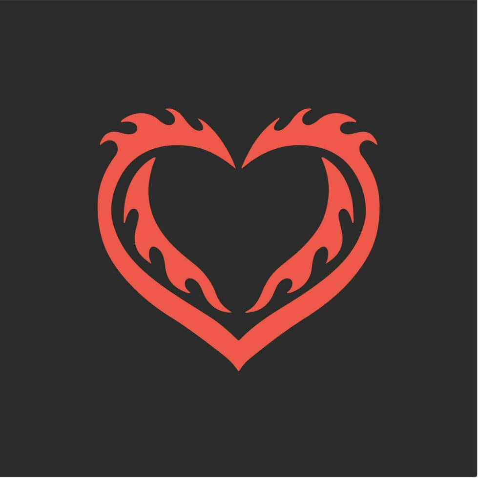 Red Flaming Love Symbol Logo on Black Background. Tribal Decal Stencil Tattoo Design. Flat Vector Illustration.