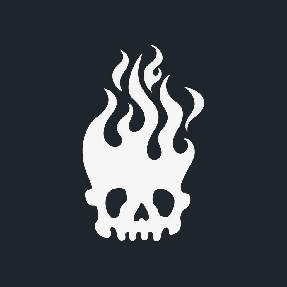 Flaming White Skull Symbol Logo on Black Background. Tribal Decal Stencil Tattoo Design. Flat Vector Illustration.