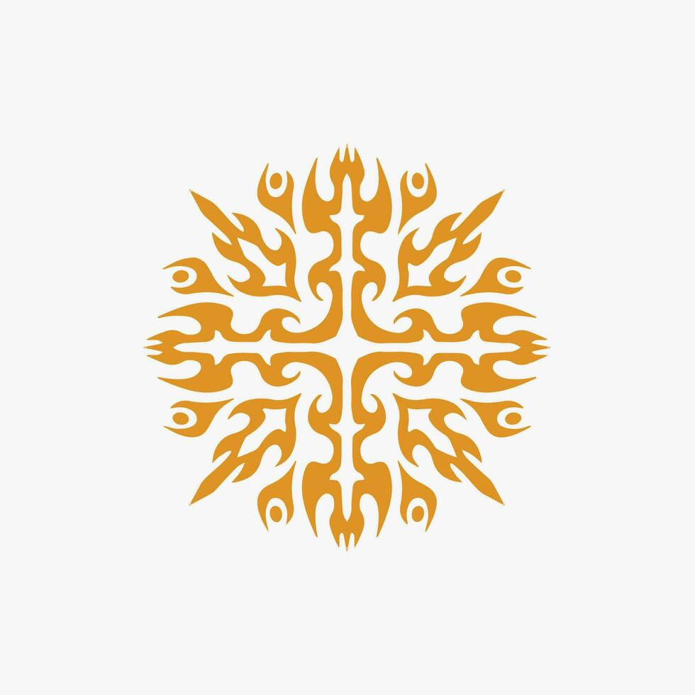 Gold Mandala Tribal Sun Symbol Logo on White Background. Stencil Decal Tattoo Design. Flat Vector Illustration.