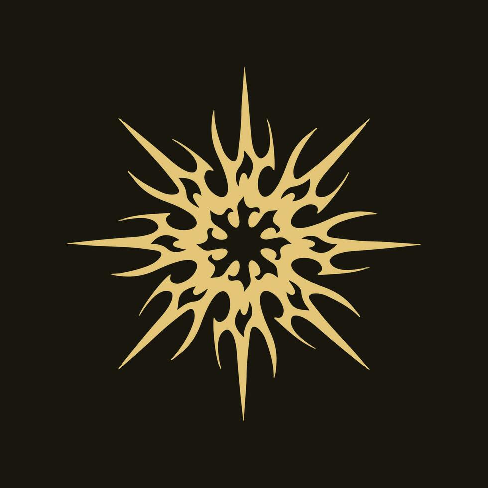 Gold Mandala Tribal Flaming Sun Symbol Logo on Black Background. Stencil Decal Tattoo Design. Flat Vector Illustration.