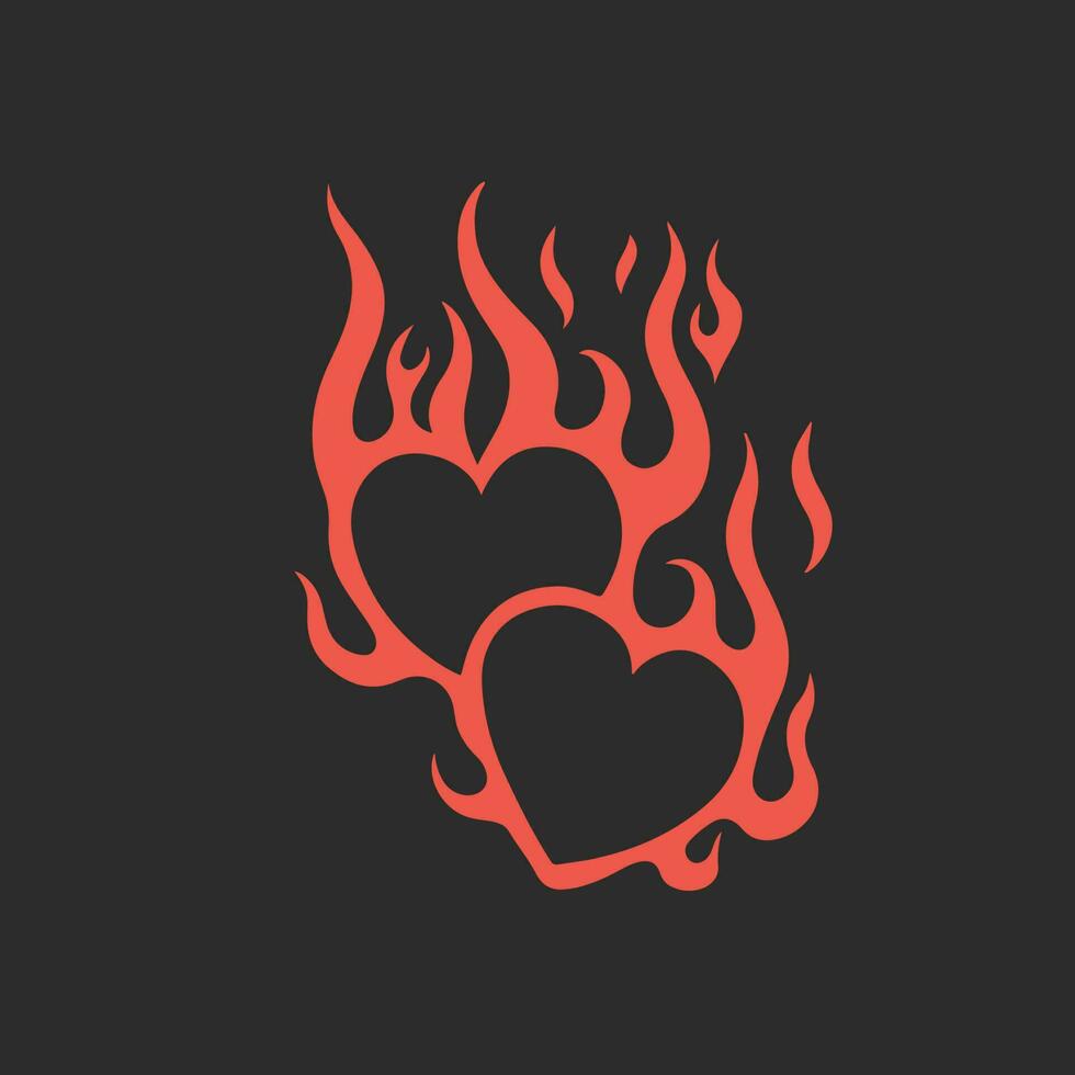 Red Flaming Love Symbol Logo on Black Background. Tribal Decal Stencil Tattoo Design. Flat Vector Illustration.