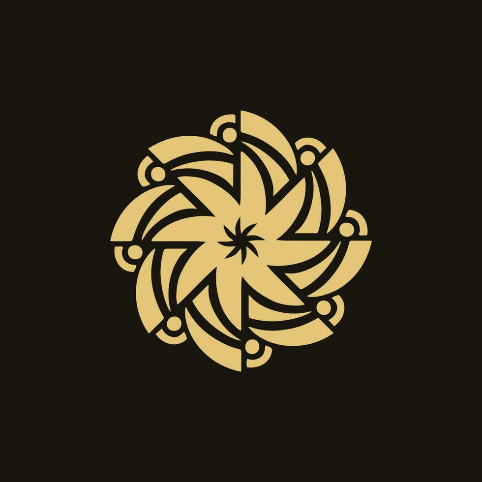 Gold Mandala Tribal Flaming Sun Symbol Logo on Black Background. Stencil Decal Tattoo Design. Flat Vector Illustration.