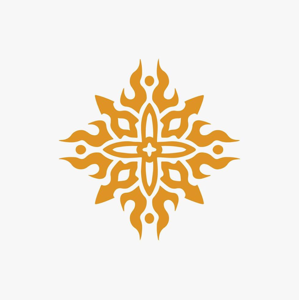 Gold Mandala Tribal Sun Symbol Logo on White Background. Stencil Decal Tattoo Design. Flat Vector Illustration.