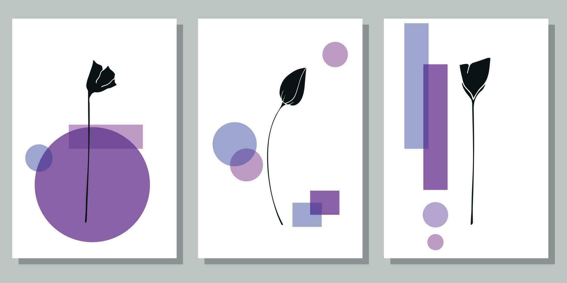 Set of creative minimalist posters with botanical elements and purple shapes. For interior decoration, print and design vector