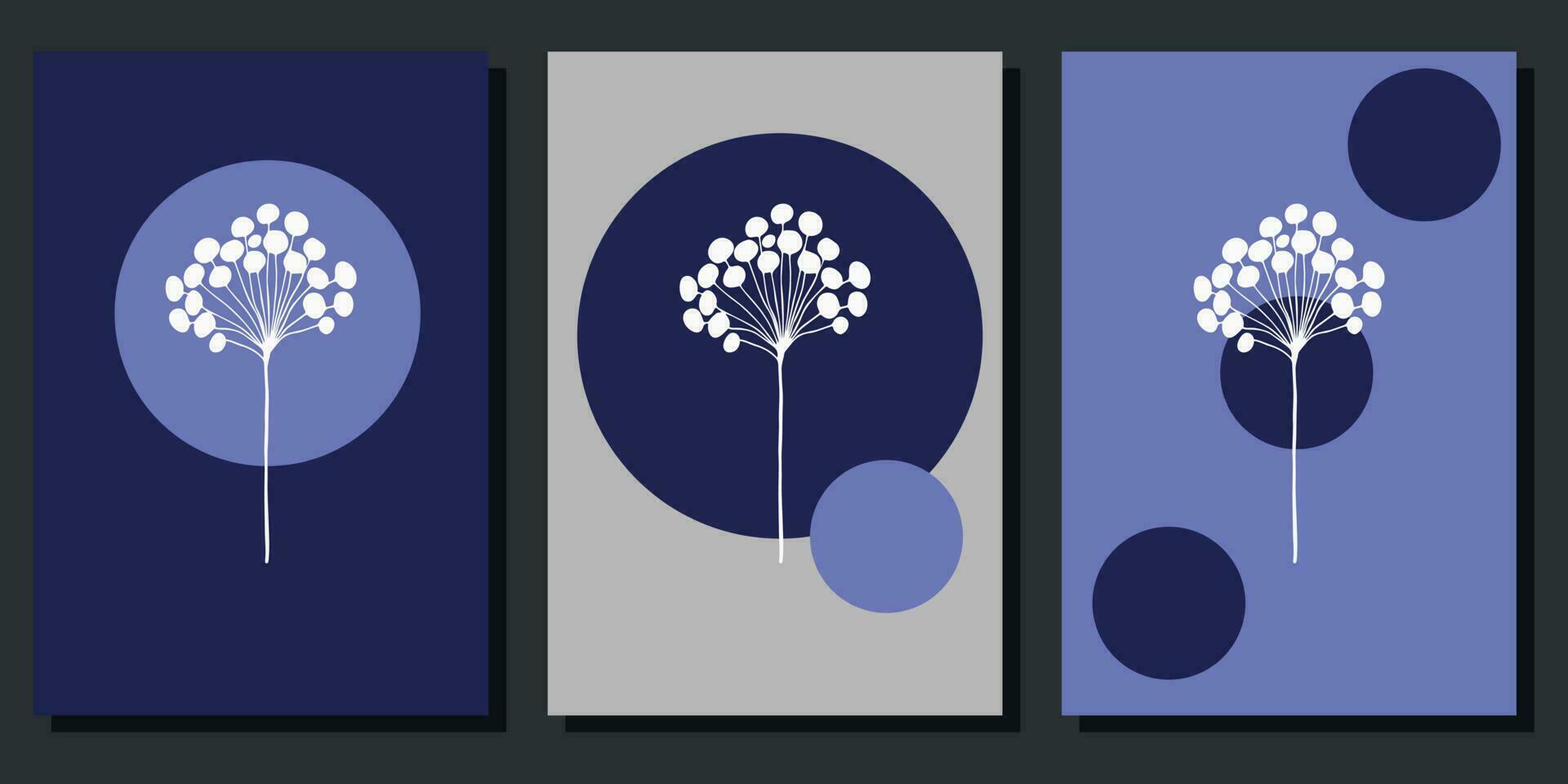 Set of creative minimalist posters with botanical elements and blue shapes. For interior decoration, print and design vector
