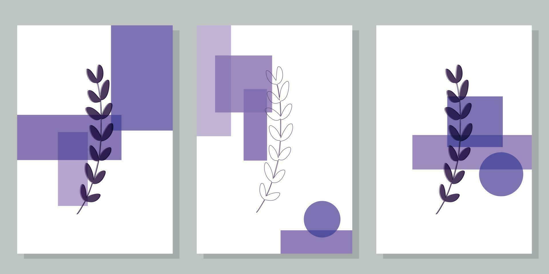 Set of minimalist posters with botanical elements and purple geometric shapes. For interior decoration, print and design vector