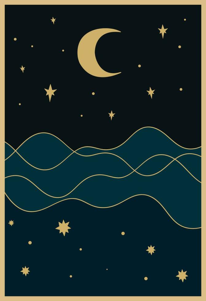 Night ocean view with a crescent. Minimalist background with midnight sky. Vector art