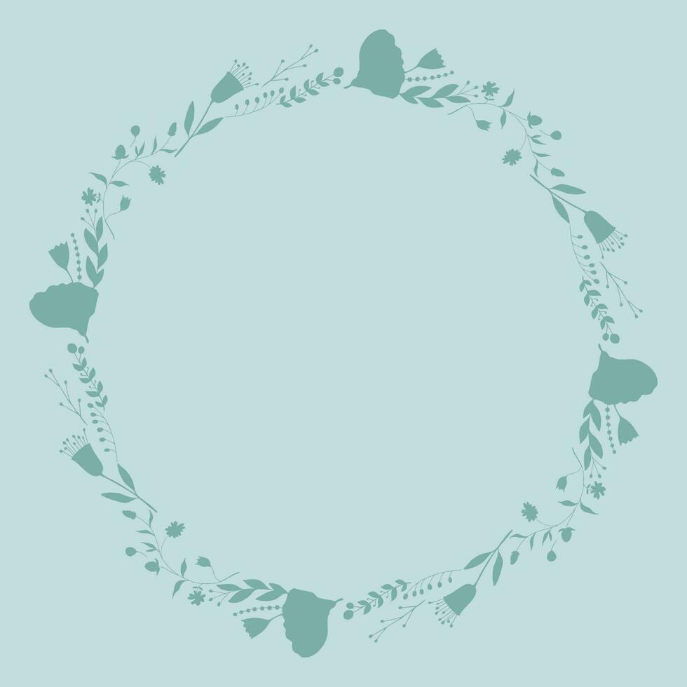 Blue floral outline round frame. Botanical template with flowers vector