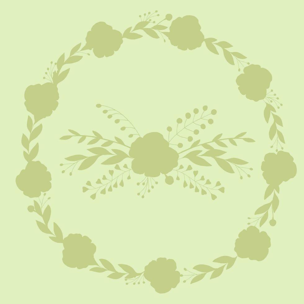 Green floral outline round frame. Botanical template with flowers vector