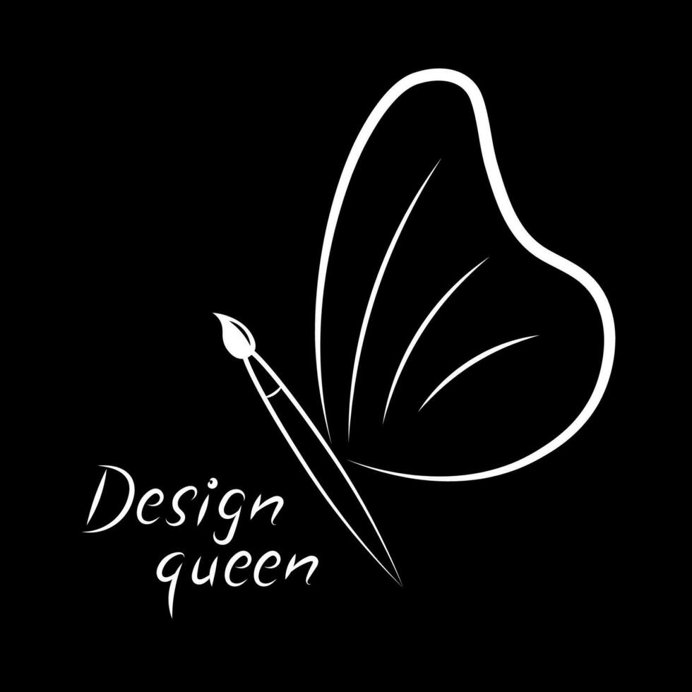 Butterfly silhouette, artistic brush instead of body, flat vector, white on black, contour drawing, logo for creative people, side view, design queen vector