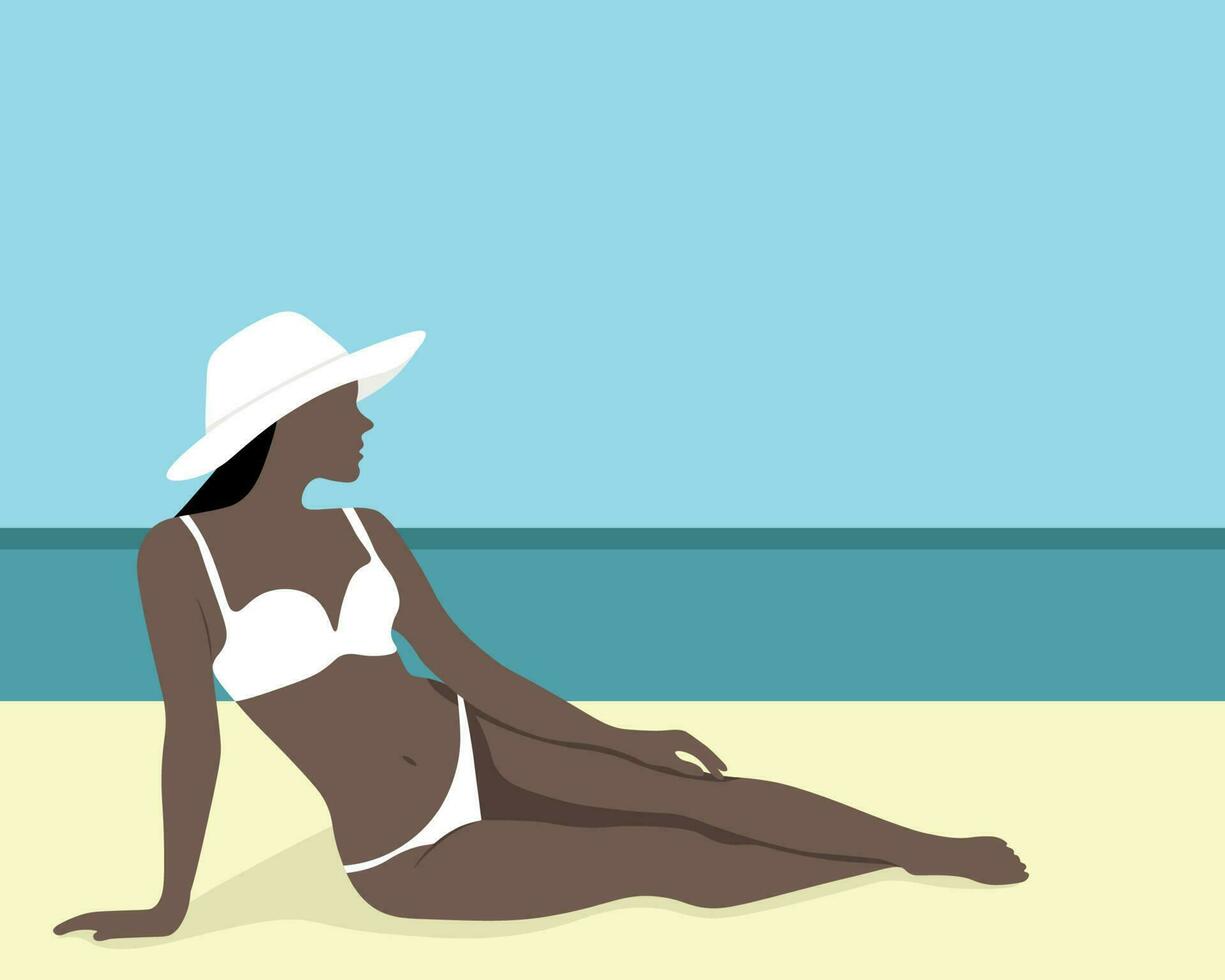 negro niña en el playa, plano vector, fondo, sin rostro ilustración vector