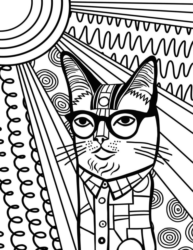 Nerdy Cat Portrait Coloring Page vector