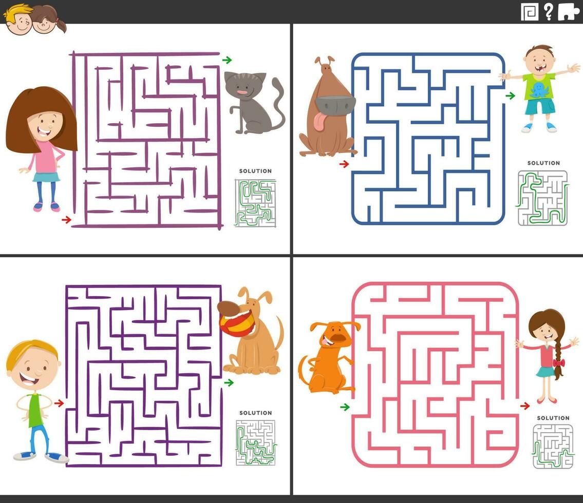 maze activity games set with cartoon children ant their pets vector