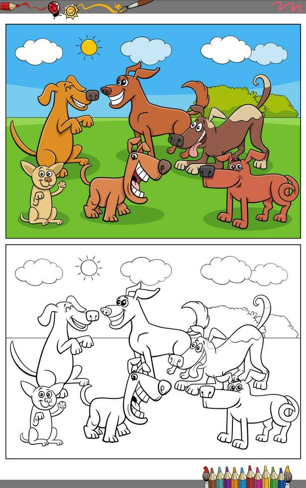 dibujos animados perros y cachorros caracteres grupo colorante página vector