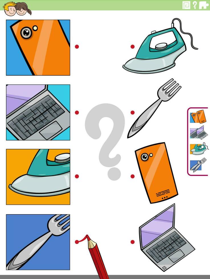 match cartoon objects and clippings educational activity vector