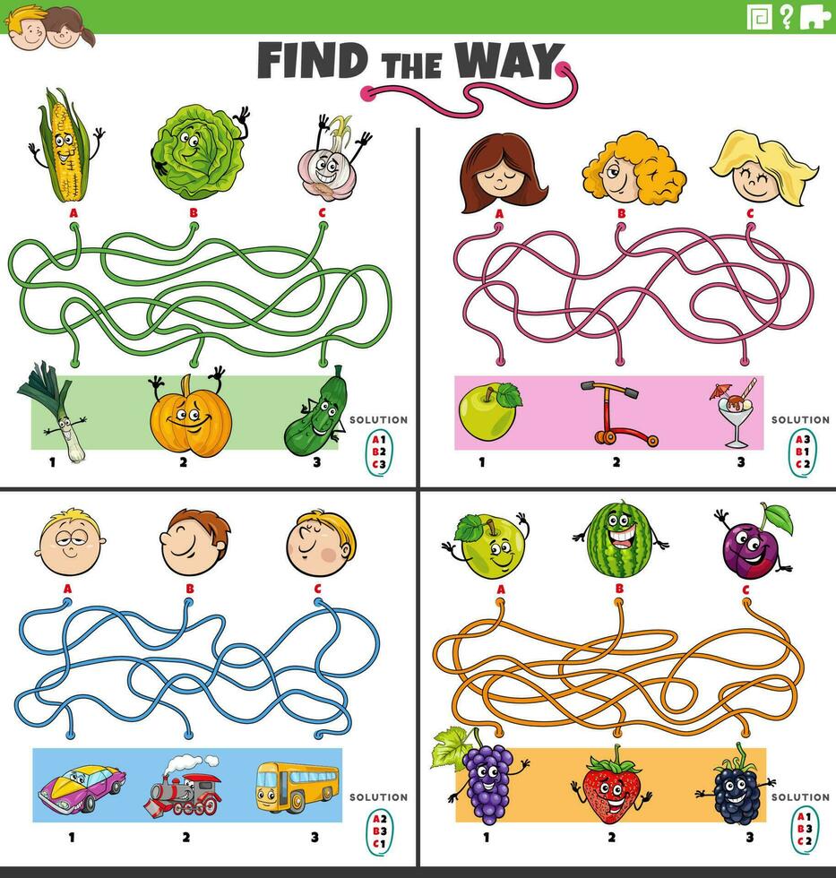 find the way maze games set with funny cartoon characters vector