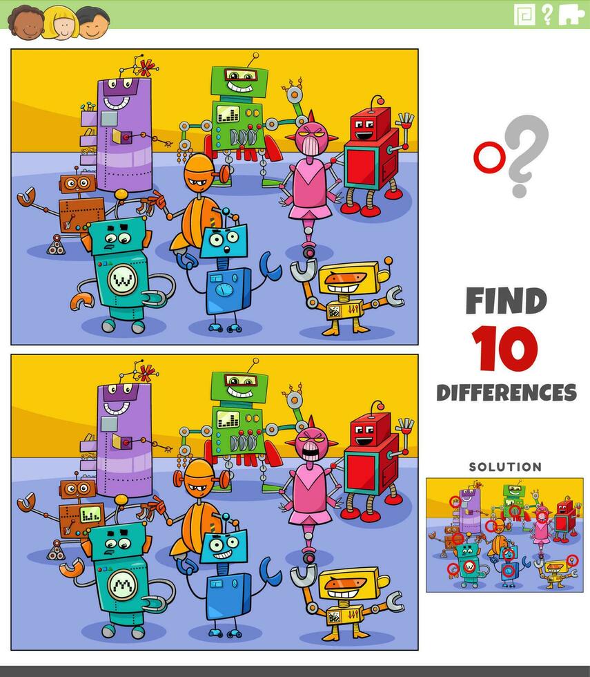 diferencias juego con dibujos animados robots caracteres grupo vector