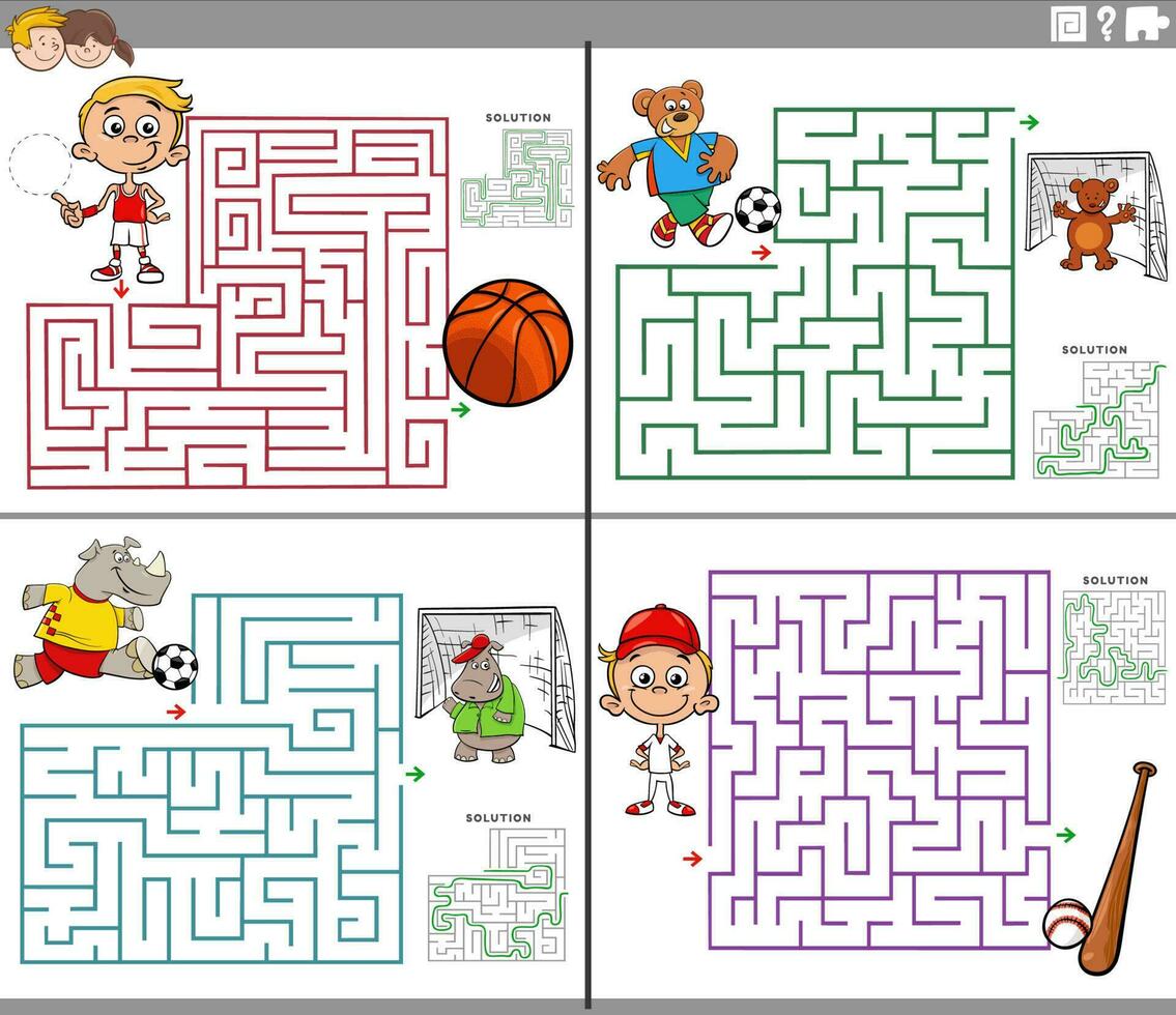 maze activity games set with cartoon boys and animals vector