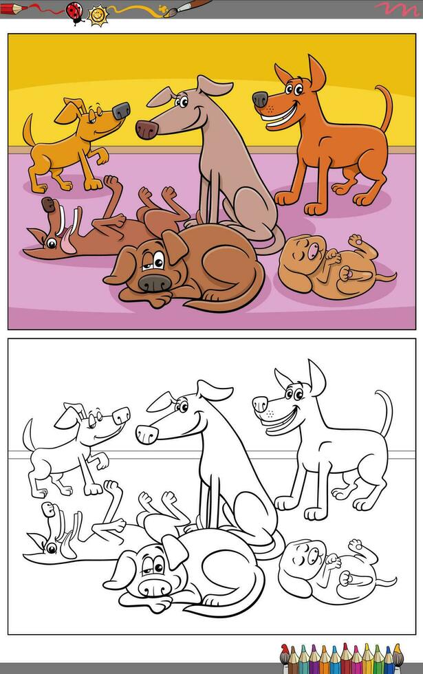 cartoon dogs and puppies characters group coloring page vector