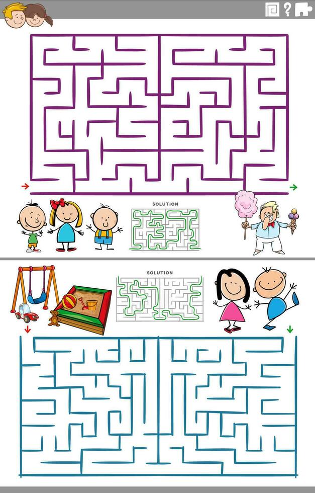 maze activity games set with cartoon children characters vector