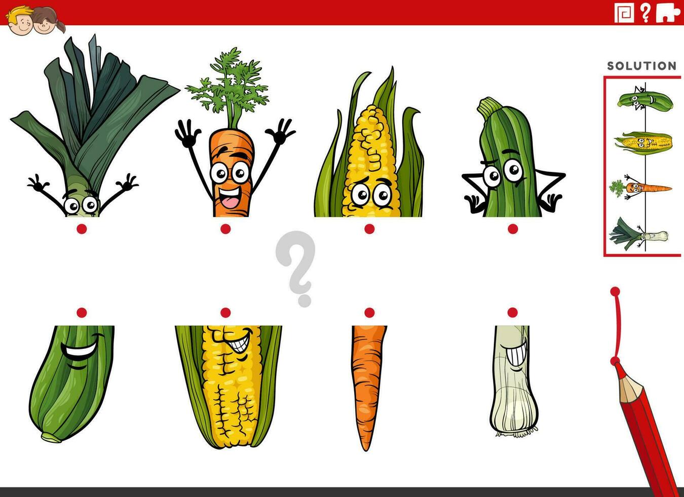 match halves activity with cartoon vegetables pictures vector