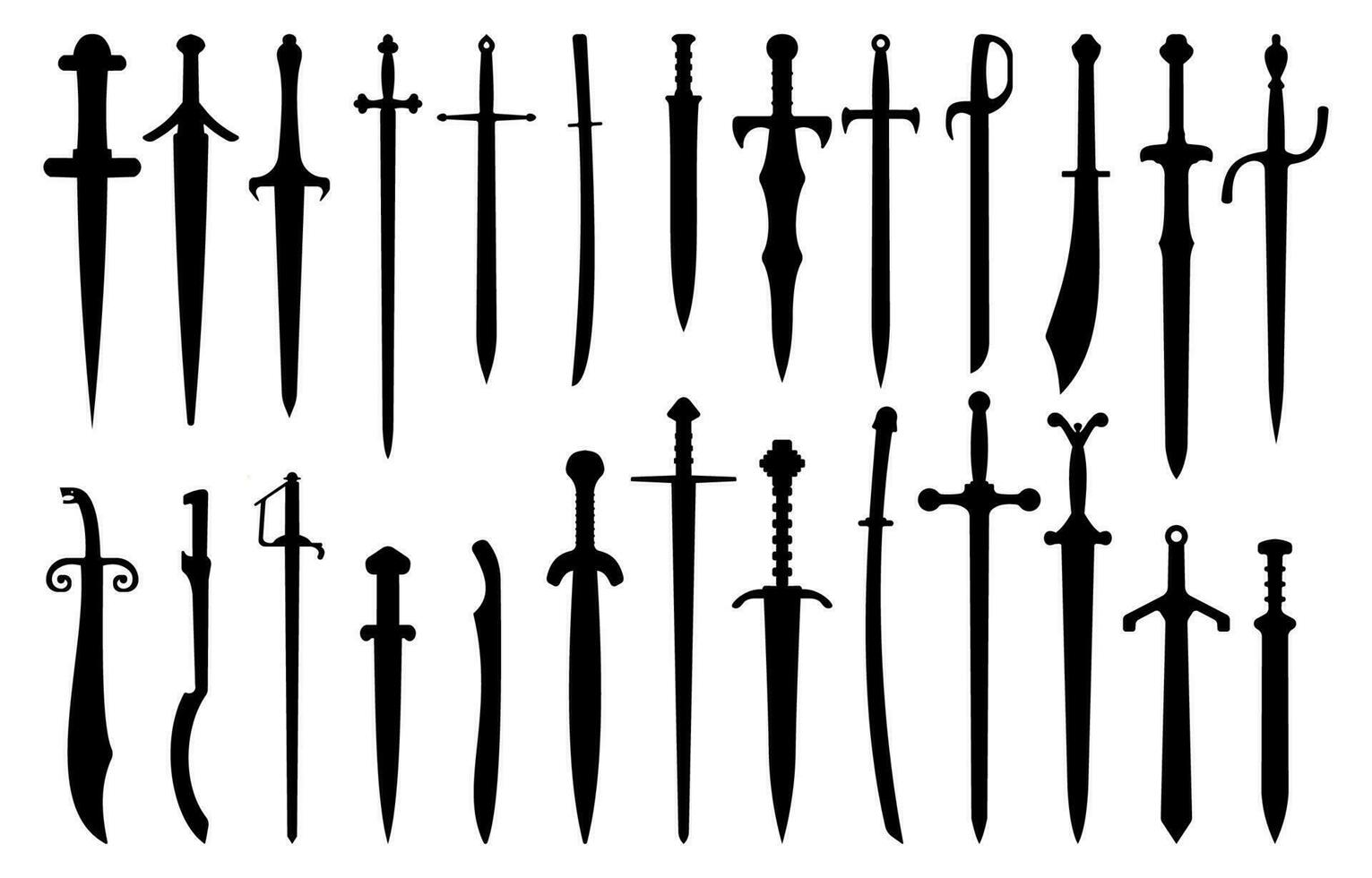 Sword silhouettes vector illustration set.