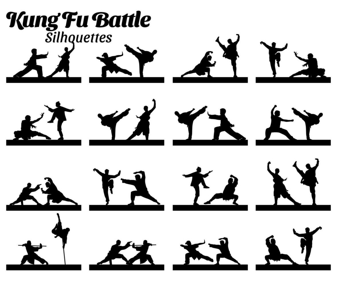 Kung fu battle silhouettes vector illustration set