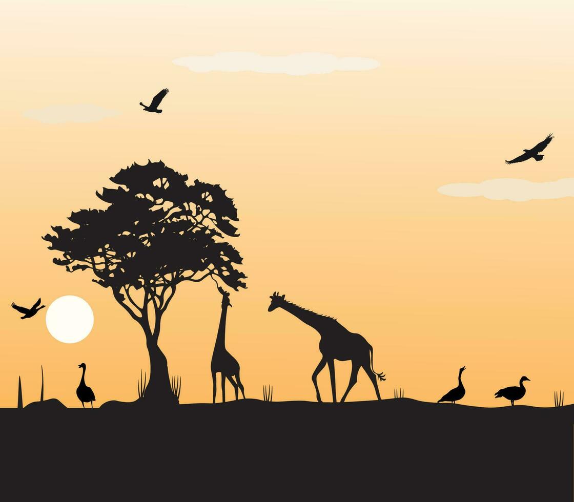 Landscape illustration of animals on the savanna in the afternoon vector