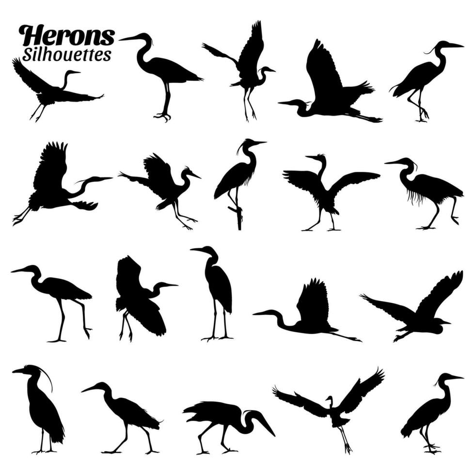 Heron silhouettes vector illustration set.