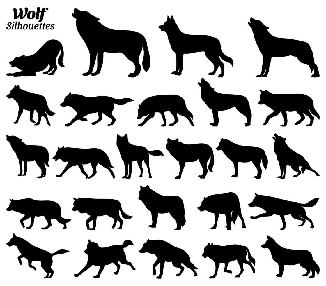 Wolf silhouettes vector illustration set.