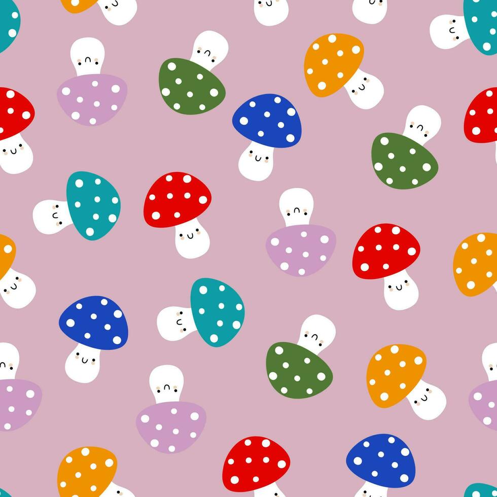 Kawaii seamless pattern with colorful mushrooms. Vector graphics.
