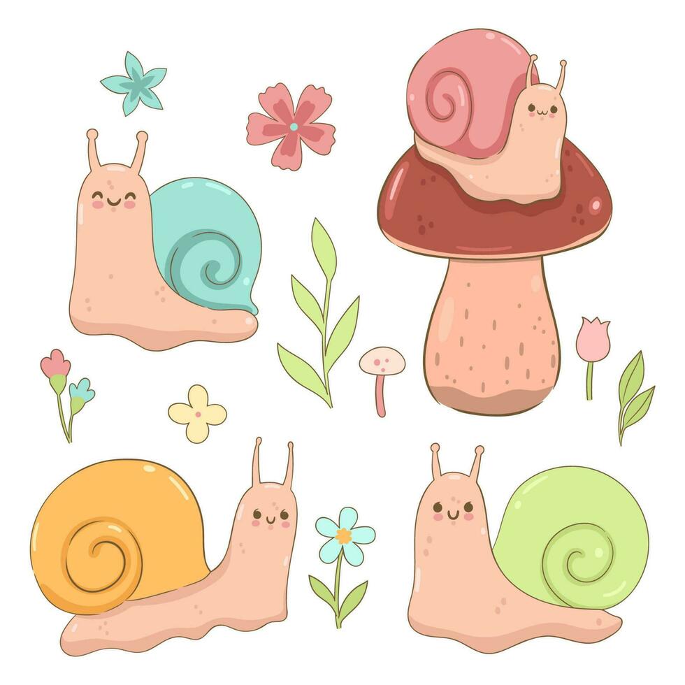 Set of cute snails and flowers isolated on white background. Vector graphics.