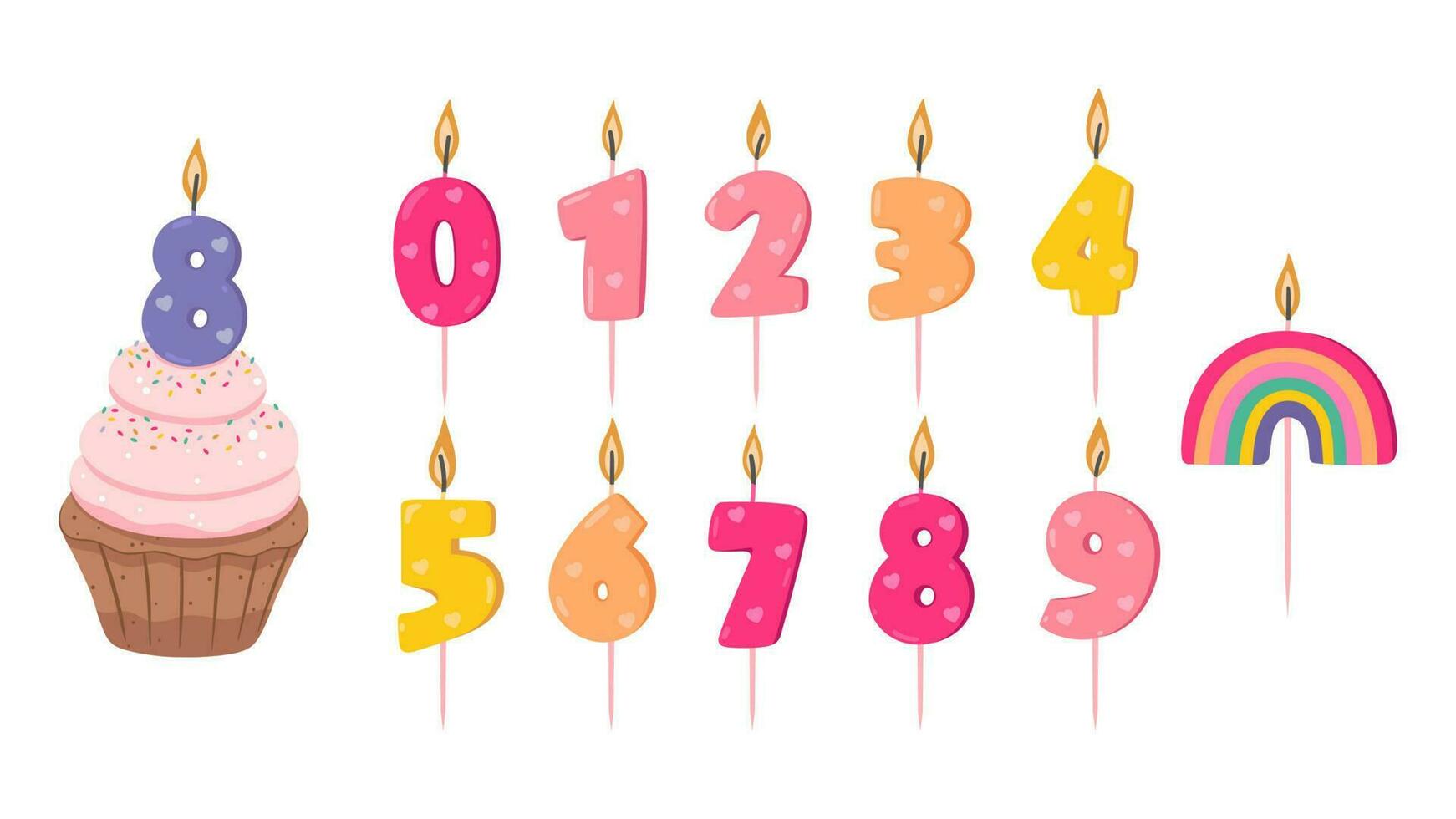 conjunto de aislado ardiente velas en el forma de un número para celebracion. un magdalena con un vela en el forma de un número. un vela en el forma de un arcoíris. vector gráficos.