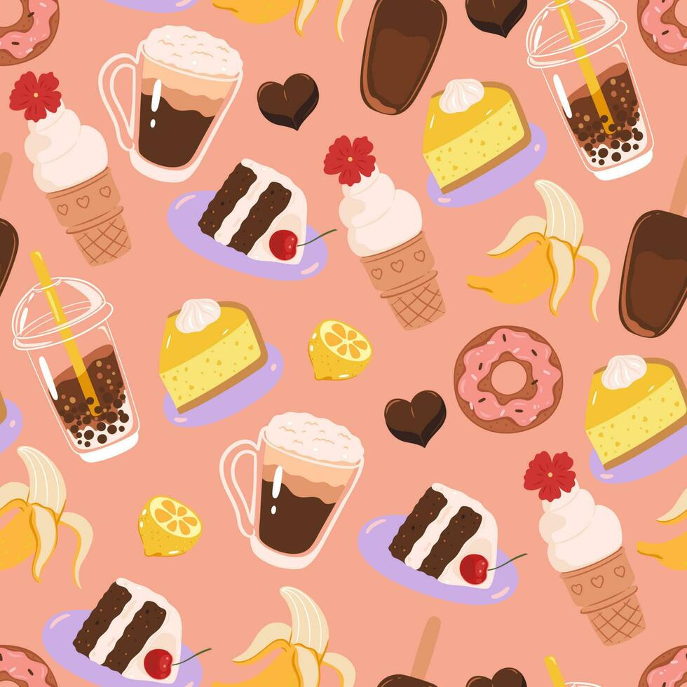 Seamless pattern with different sweet food. Vector graphics.