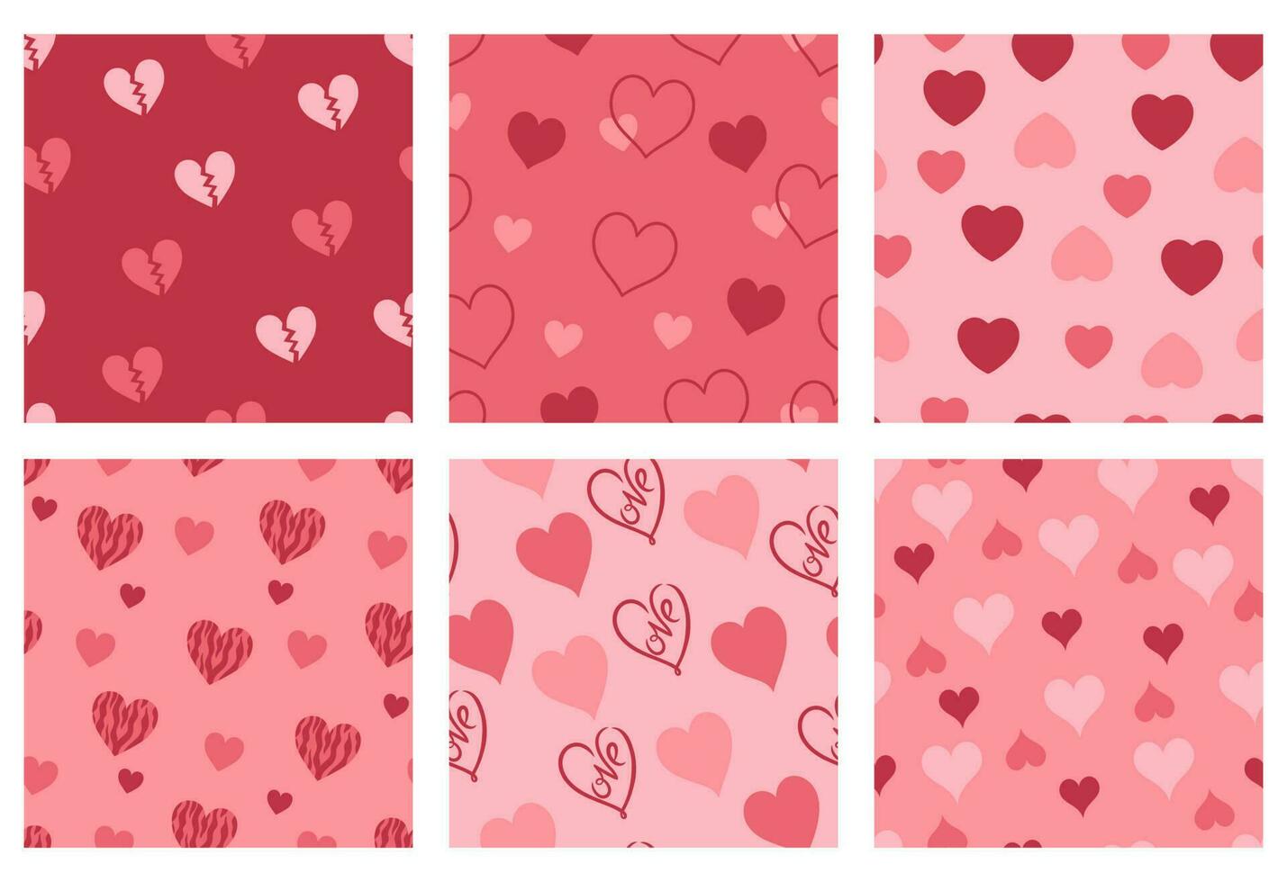 Set of cute seamless heart patterns in pink colors. Vector graphics.