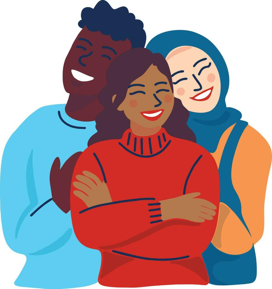 Happy multiracial friends hugging each other. Multiethnic women and men embracing each other. Vector illustration