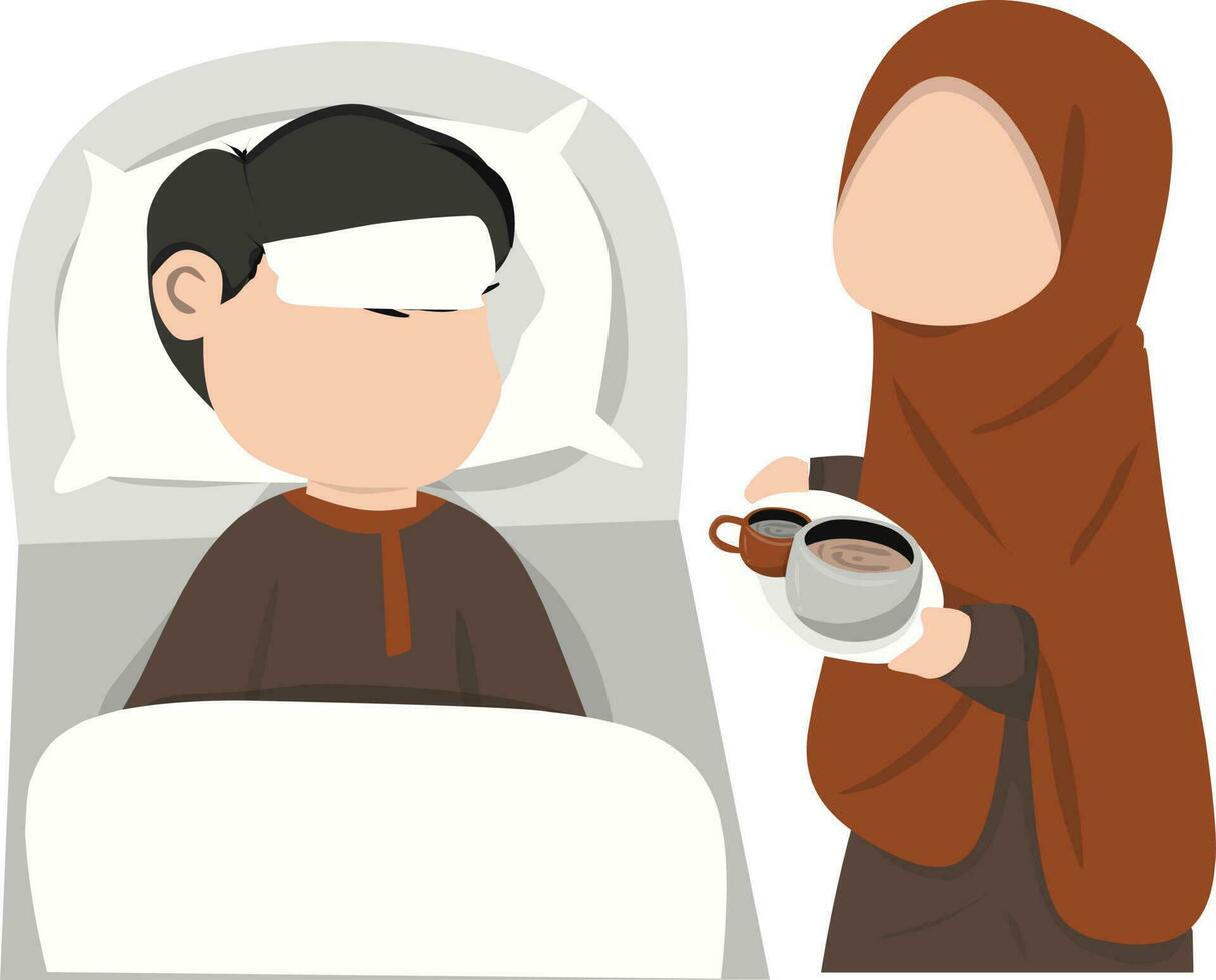 Muslim man drinking coffee in bed. Vector illustration in flat style.